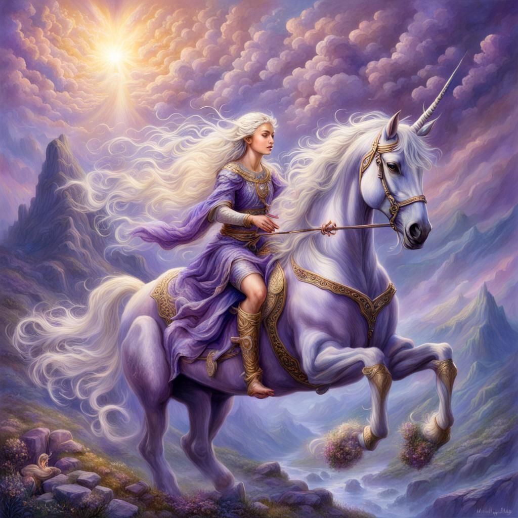 A hyper-realistic elven goddess girl with white hair blowing in the wind riding on the back of a purple ...  by @Leland Lewis