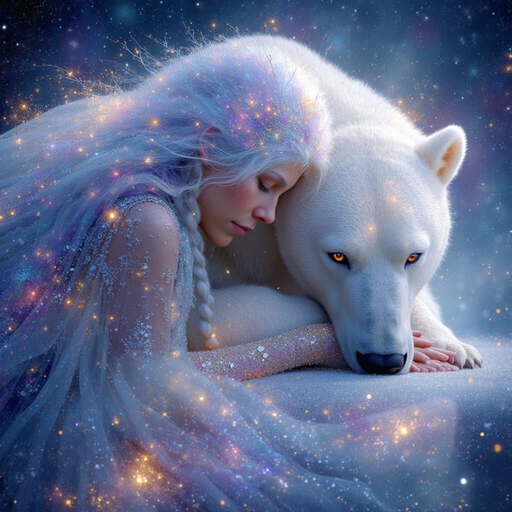 A hyper-realistic, celestial fantasy artwork capturing an intensely sparkling, tender moment between a BEautiful Xmas Fairy and a majestic P...