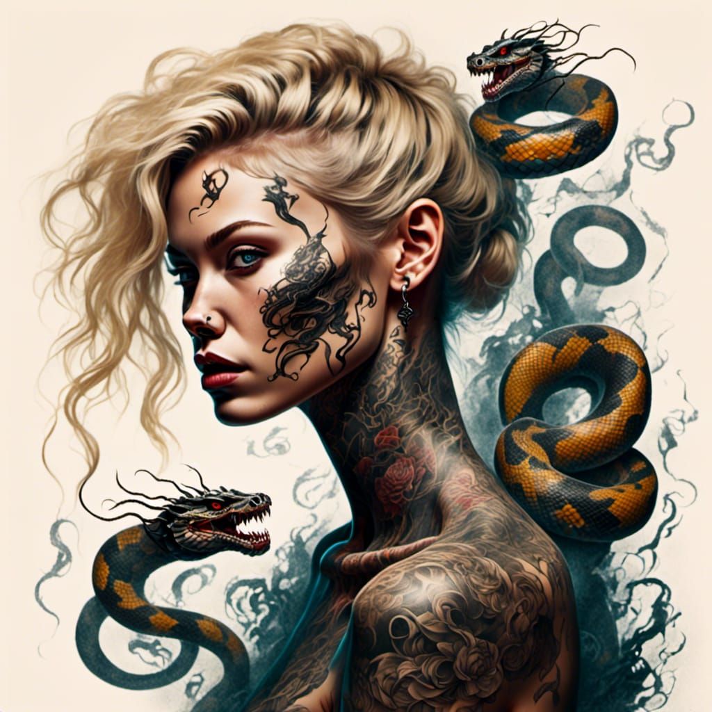 Portrait of a blonde female demon with tattoos peeling from their body, vivid snakes  tattoos starts to peel and twist, shedding its two-dim...