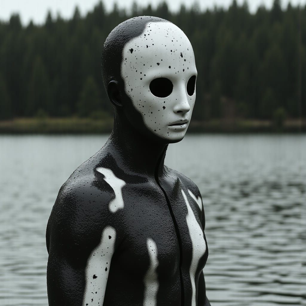 <lora:Spectral Pathways:1.3> Photograph of the upper body and face, wearing a black and white mask with circular eye holes, wet skin and wa...