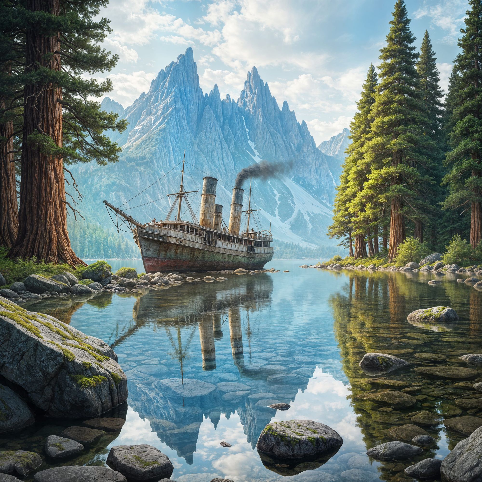 Hyperrealistic digital painting: Weathered 19th century steamship stranded on shallow rocky shore of mountain lake, surrounded by towering a...