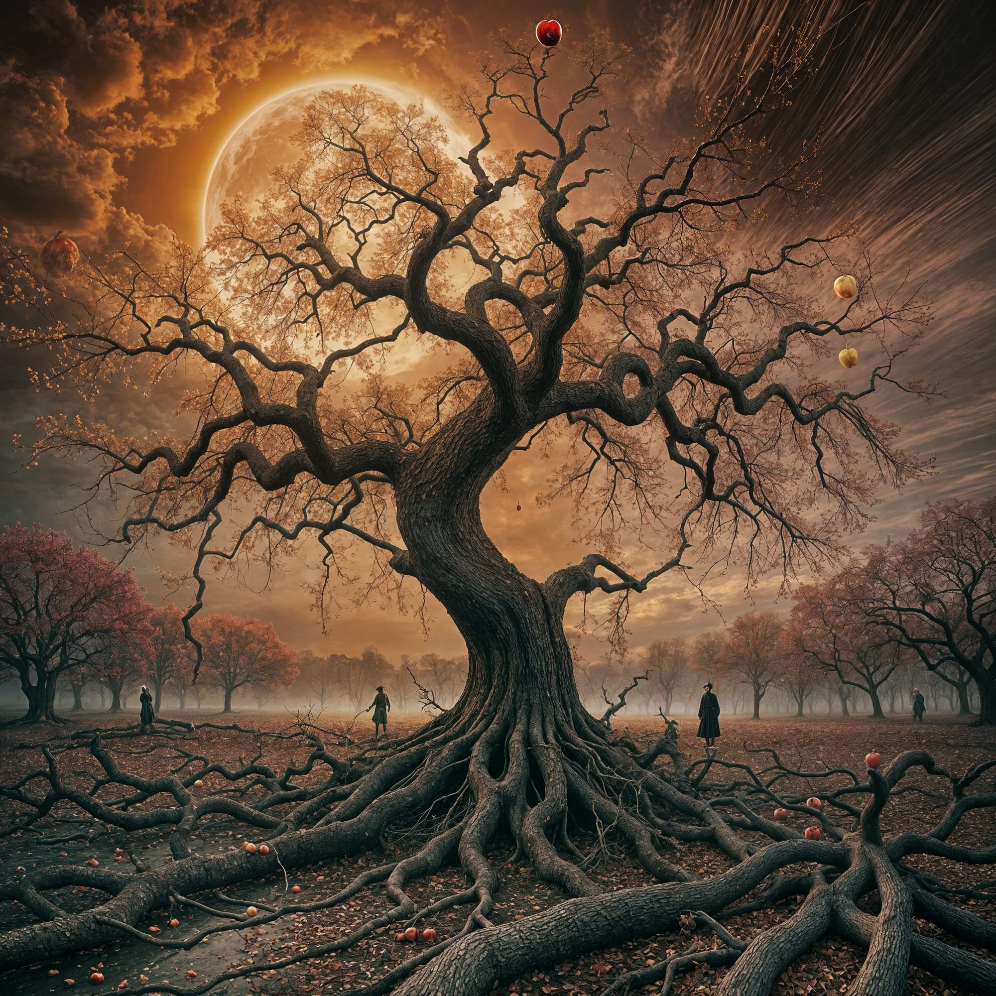 Apple's are falling from a melting apple tree, mesmerizing, realistic, gothic, cinematic, surreal 