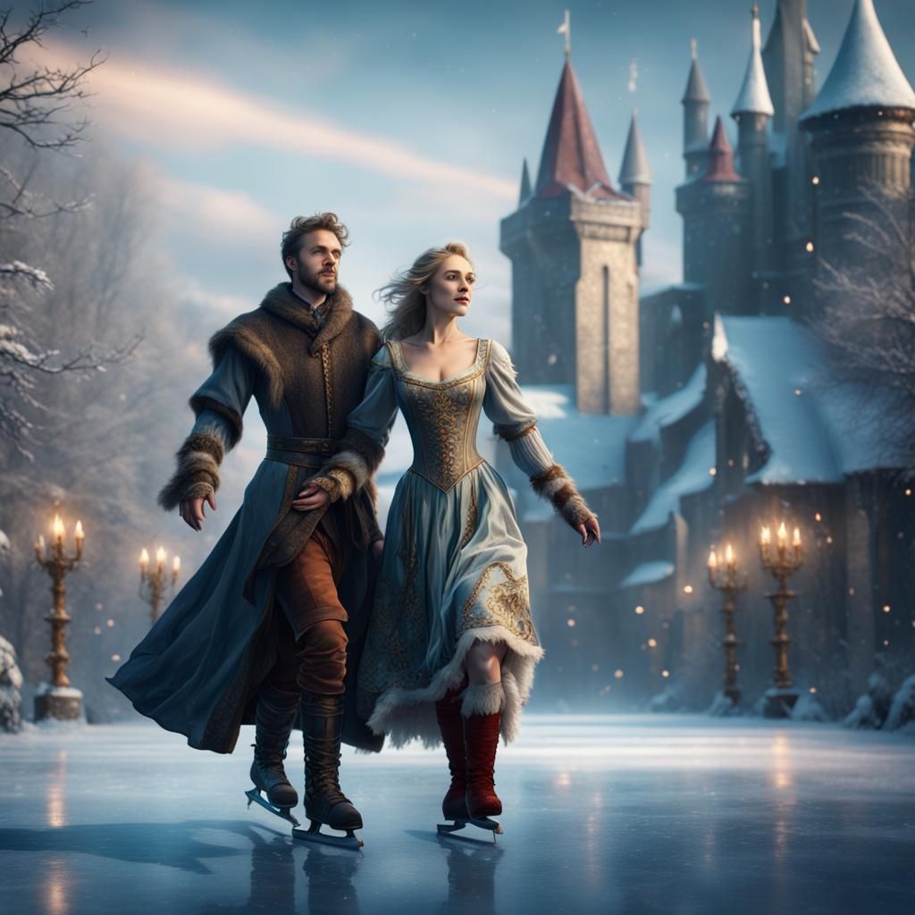 medieval beautiful lady and handsome man ice skating - AI Generated ...