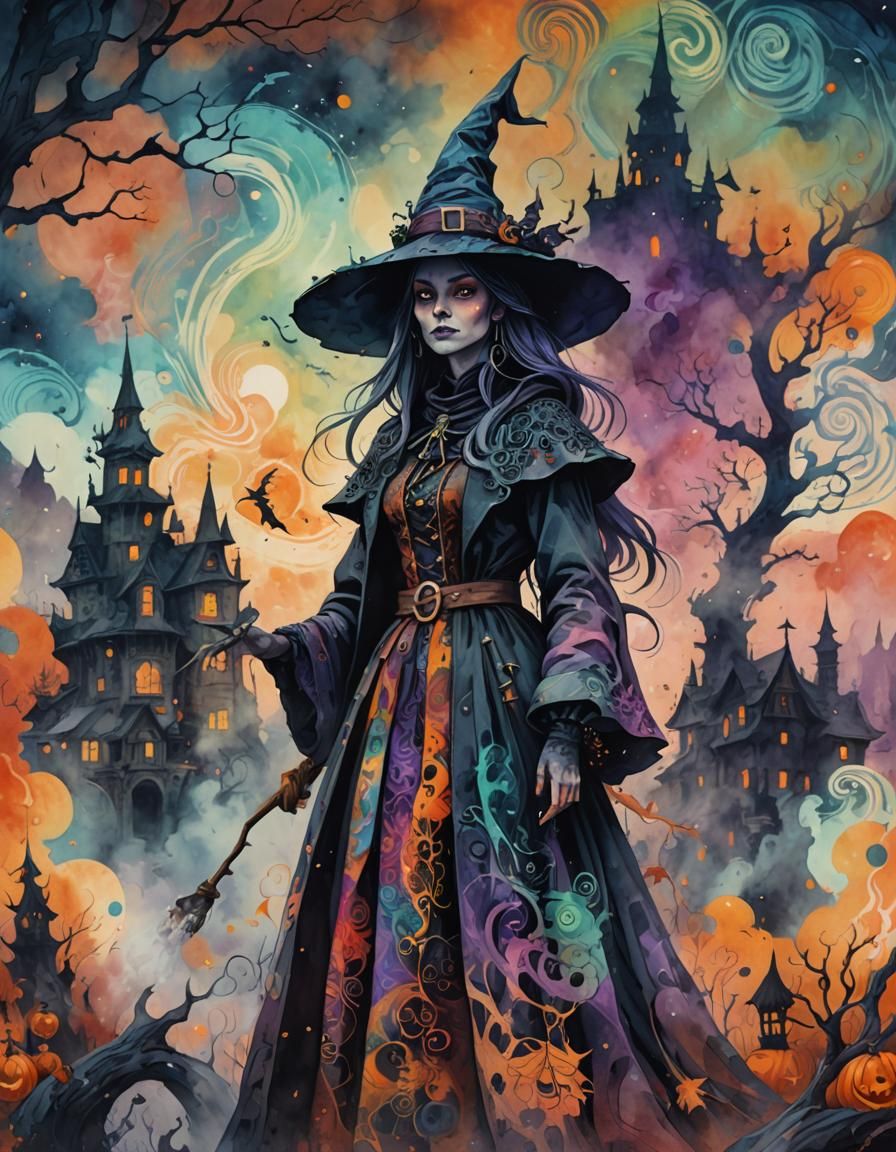 vintage Halloween pretty witch with Halloween graphics multicolored Halloween marbled watercolor background ...  by @Judys Jems