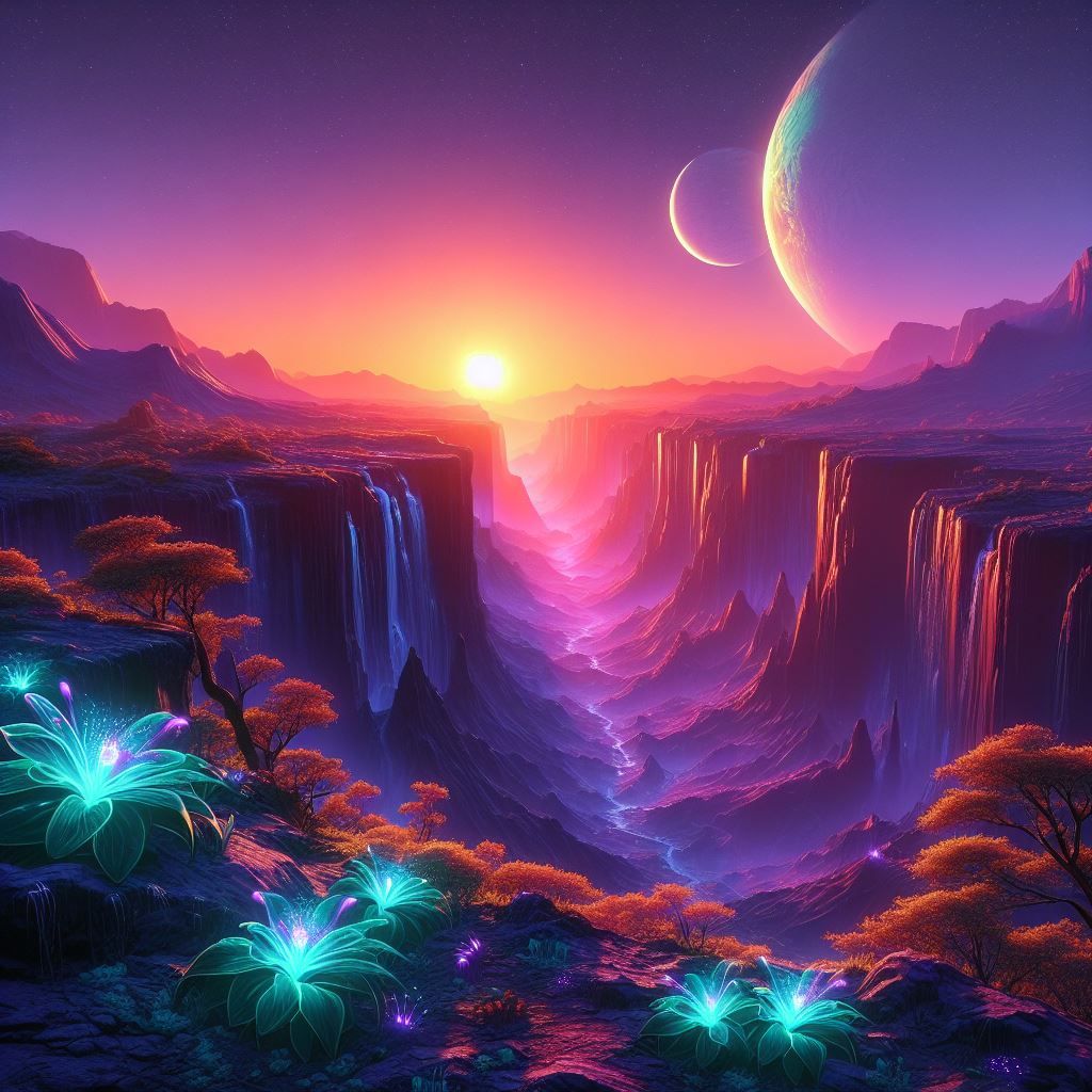 Sunrise over a vast alien landscape