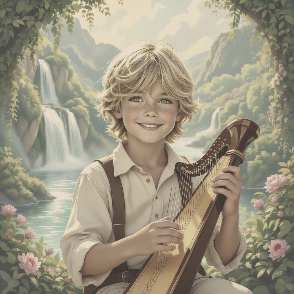 Create a blond boy with bangs and straight hair, green eyes, freckles and a smile, playing a harp. Background of waterfalls, rivers, lakes, ...