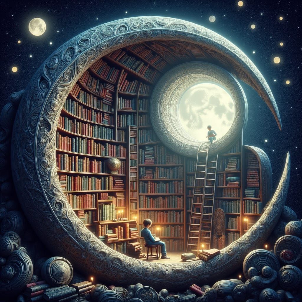 Surreal Moon Library with Ladder to Stars