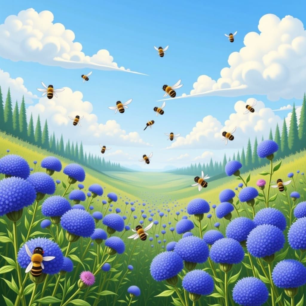 swarm of bees visit a field of borage.  Bright sun, fluffy clouds <lora:Rainbows:1.0>