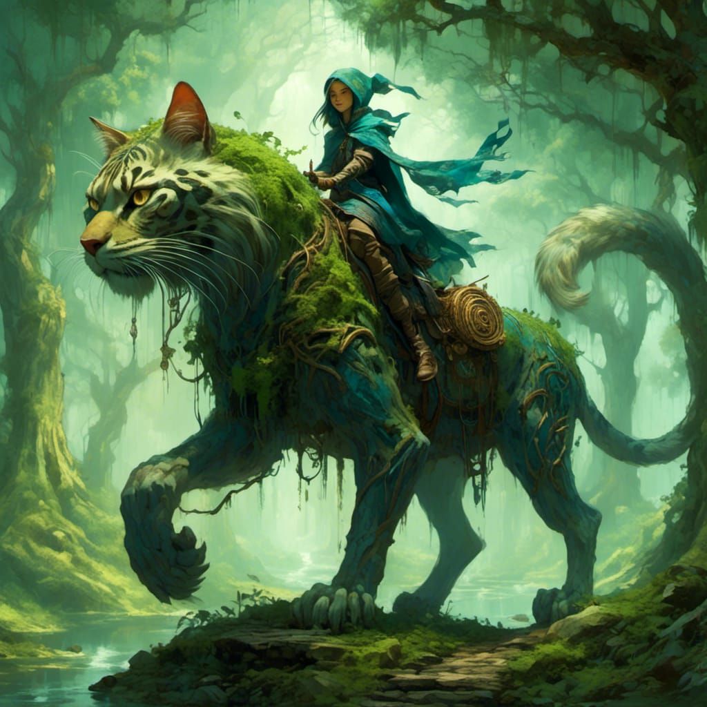 Mage riding mossy large feline with beautiful fantastic forest backdrop <lora:DetailedFantasy:1.0> 