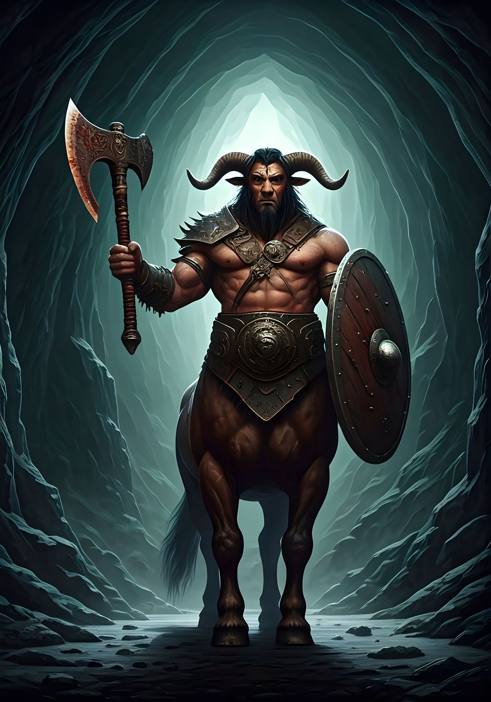 Barbarian centaur guarding a cave entrance.  by @Kerbango 