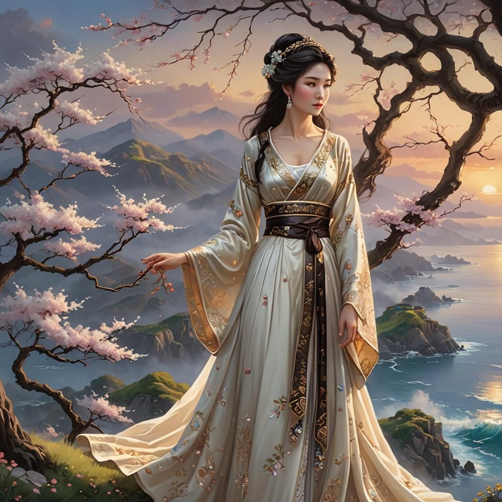 Ancient Japanese Princess in Ethereal Sunset Glow