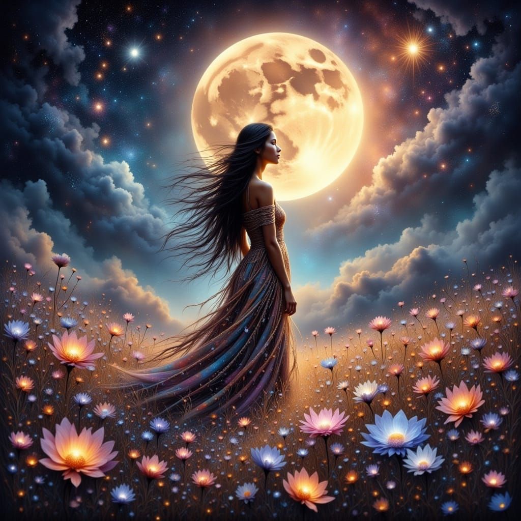 Celestial Native American Woman in Moonlit Gown