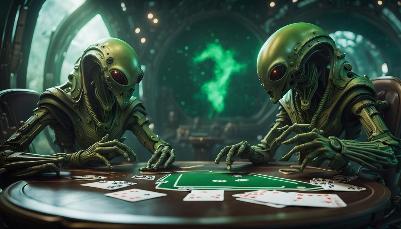 Spaceship orbiting planet with biomechanical green Aliens playing cards at a table