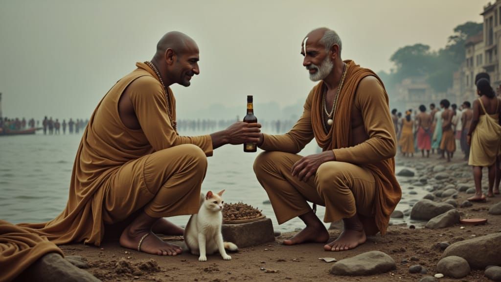 Corpses are burned on the banks of the Ganges in Varanasi. A middle-aged bald man with a gentle smile and a white spiral bindi on his foreh...