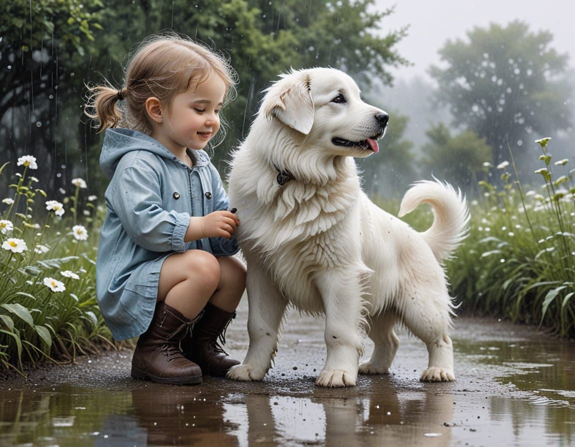 Watercolor Painting Of Girl Playing With Her Puppy In the Rain   by @LoisD