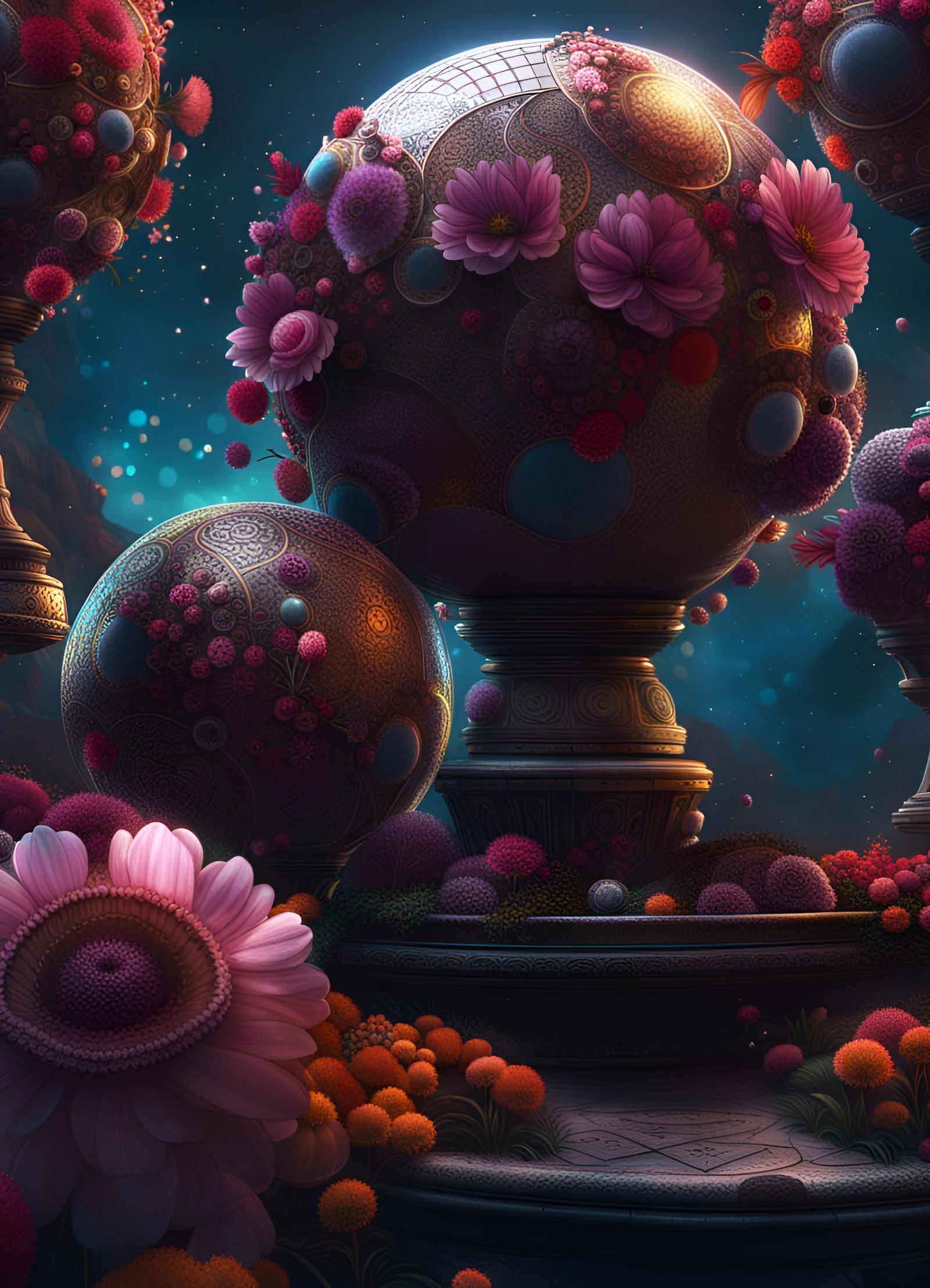 Bohemian Blossom Spheres in Deep Colorful Dreamscapes
