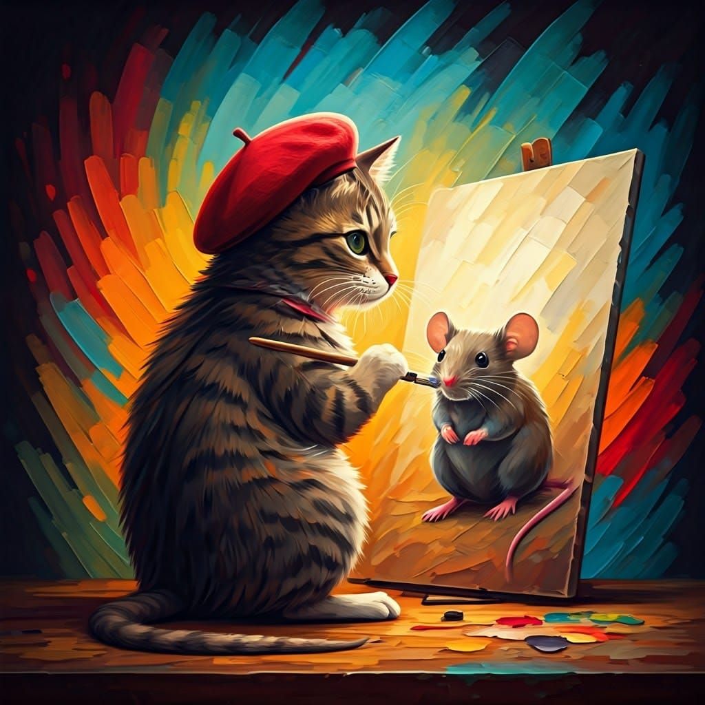 A masterpiece. A cat is painting a picture of a mouse. The mouse is posing for the cat. The cat is wearing ...  by @HIKER