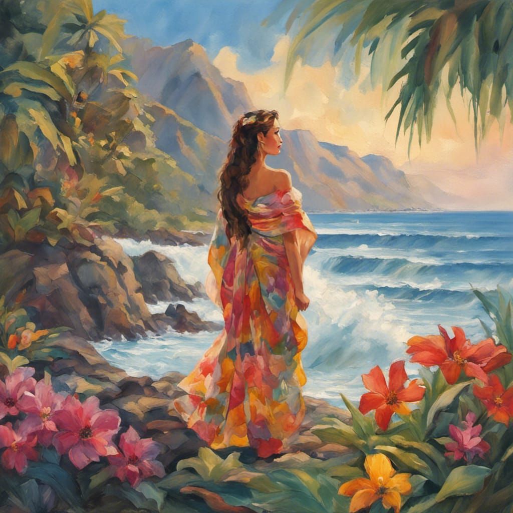 A beautiful Hawaiian scene with beautiful Hawaiian women wearing a ...