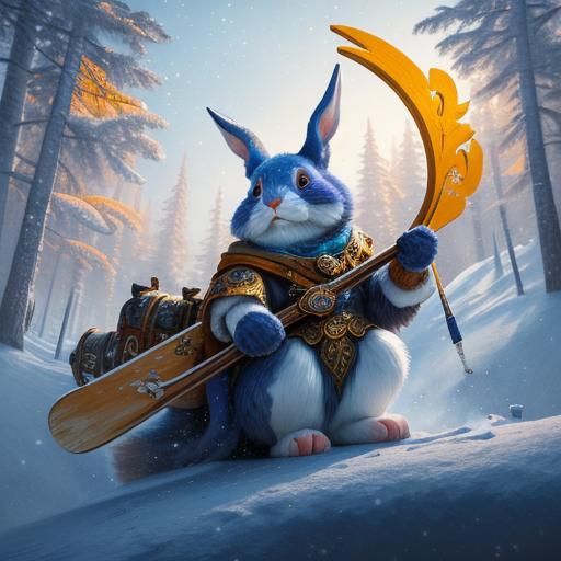 Cartoon Rabbit on Skis in Snowy Forest