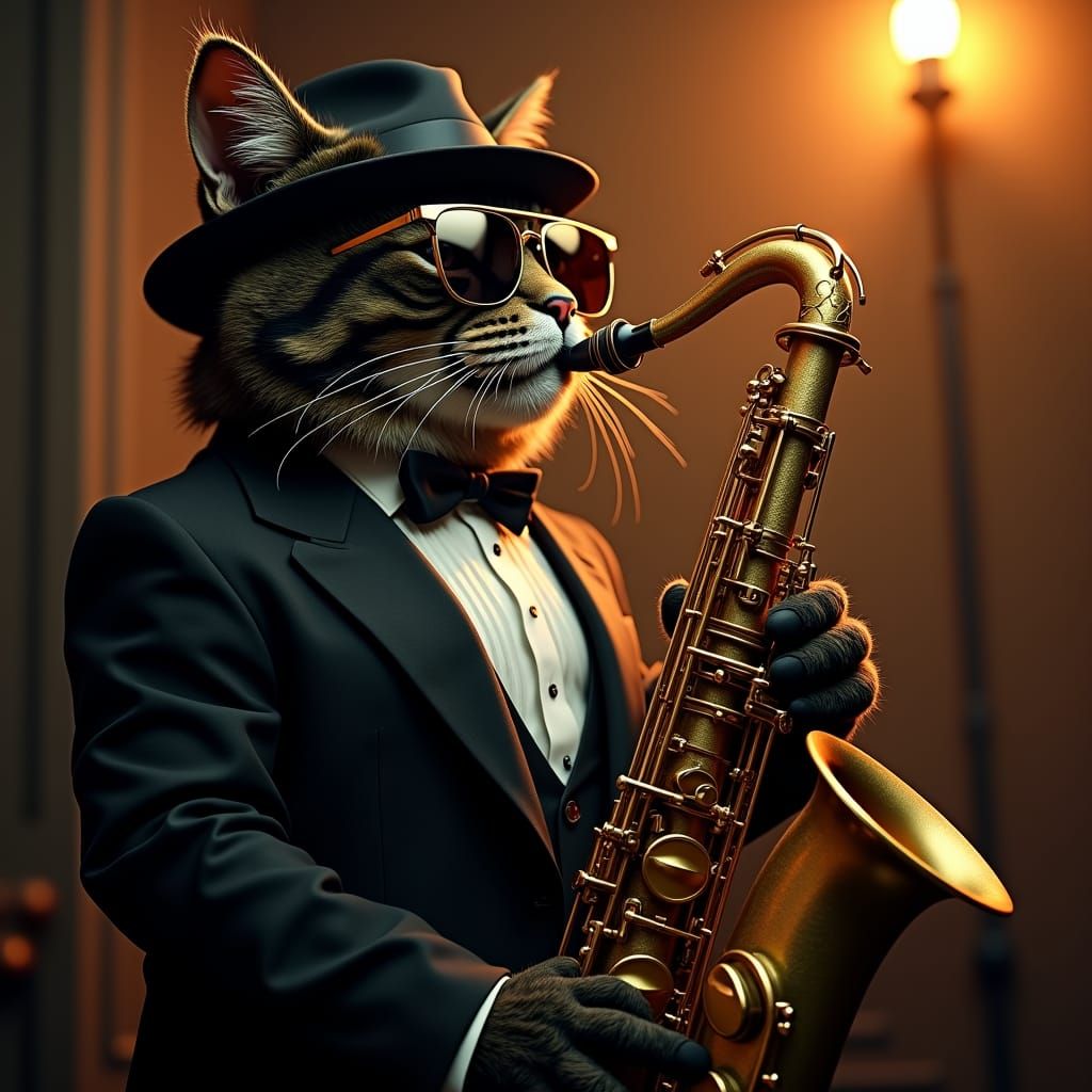 "Create an illustration of a cool cat wearing sunglasses and a fedora, playing a saxophone. The style ...  by @guadalupe melendrez