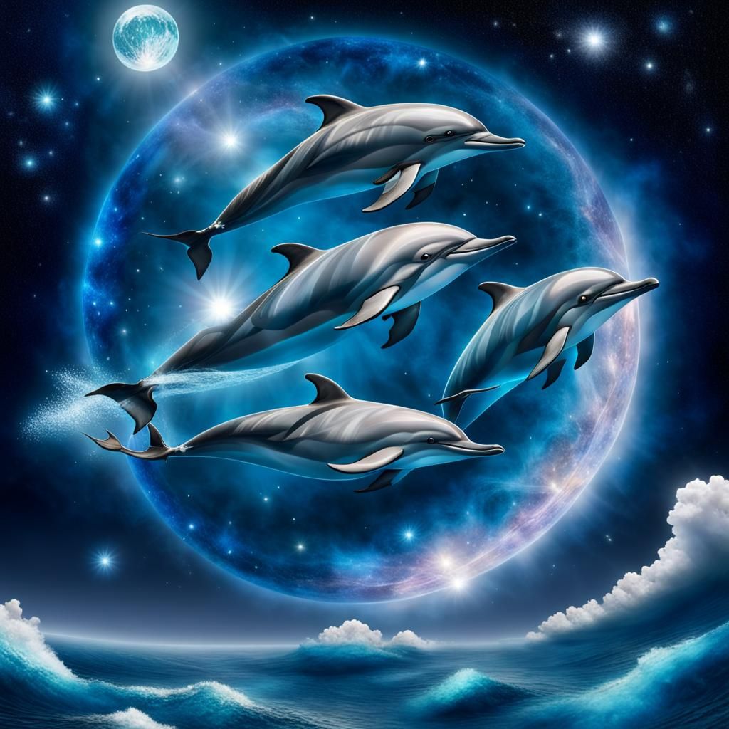 dolphins flying in outer space to catch the goddess moon of blue diamonds  by @Dragontinkerluv
