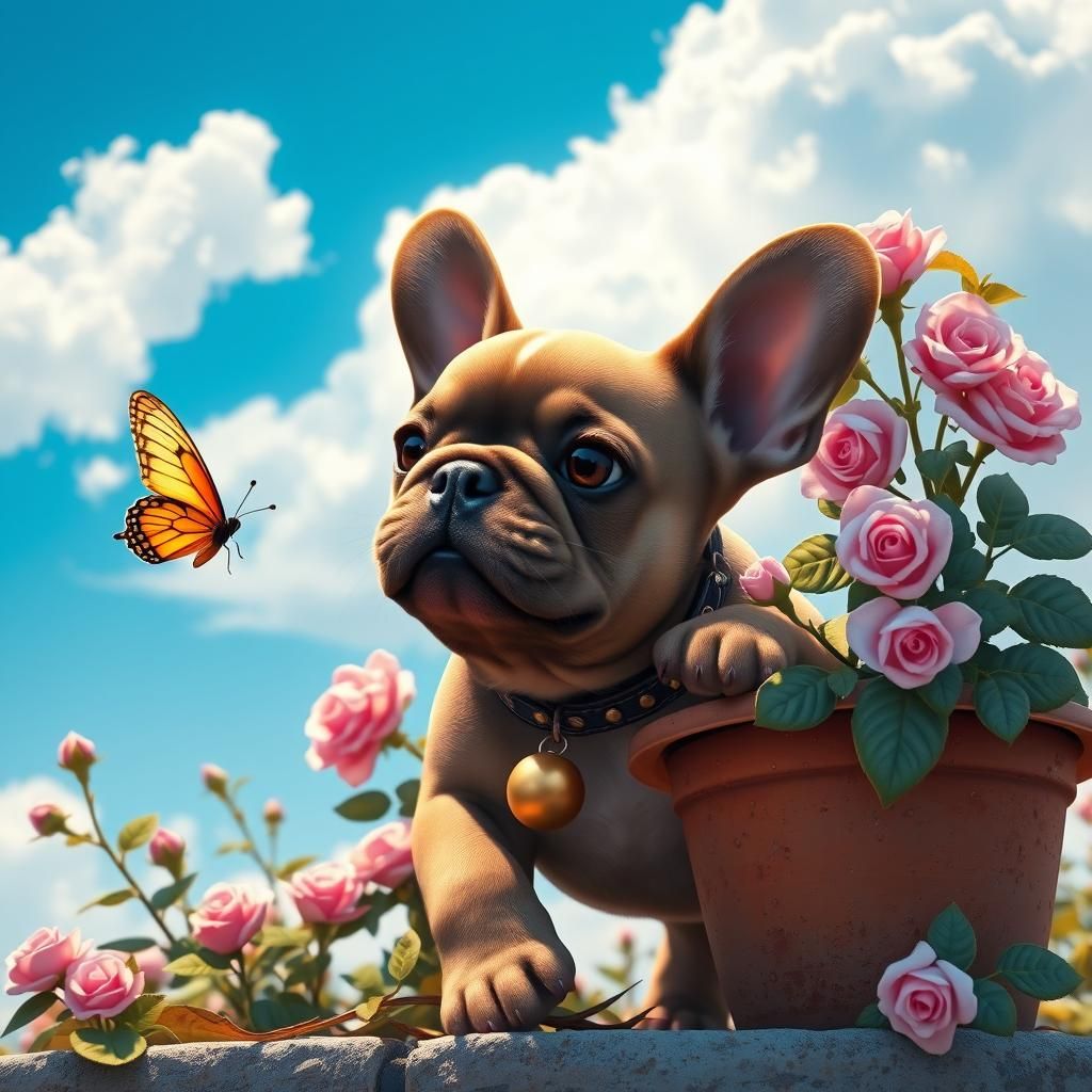 Whimsical French Bulldog Chases Iridescent Butterfly in Vibr...
