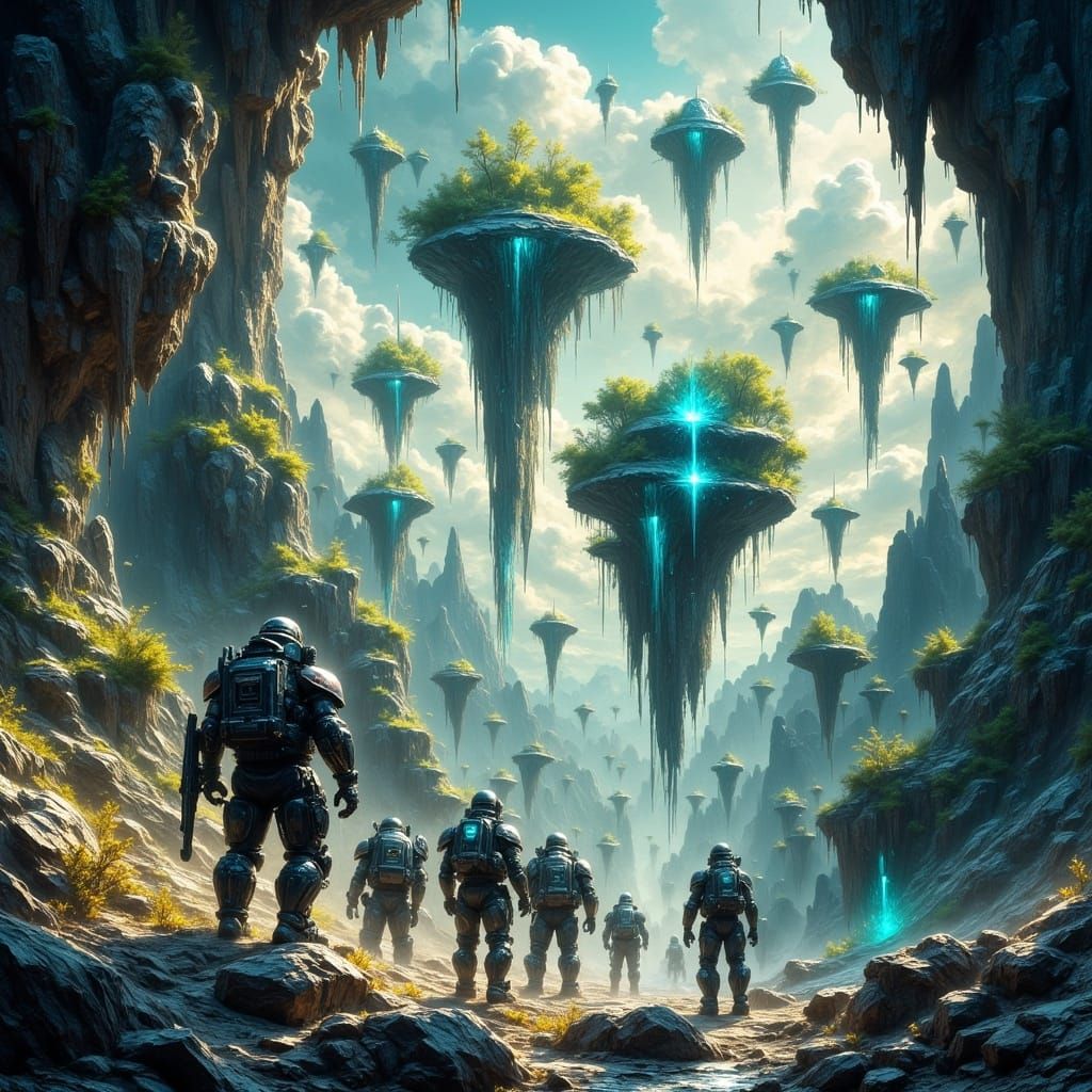 A squad of human space marines gazes out from the open ramp of their futuristic drop-ship, hovering high above the atmosphere of an alien wo...