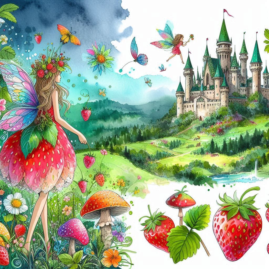Una Ilustración, pequeña hada y su mundo de fantasía, fresas, flores, castillo....