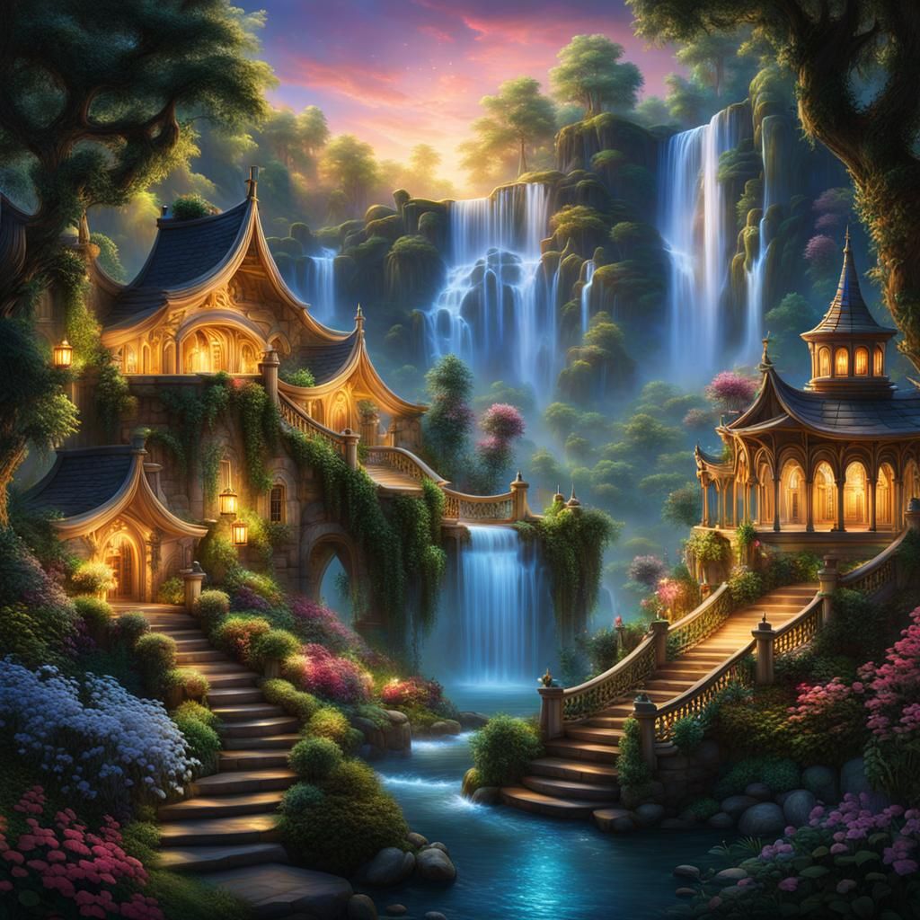 Create an image of a magical enchanted wonderland. The scene features a series of cascading waterfalls and terraces illu...
