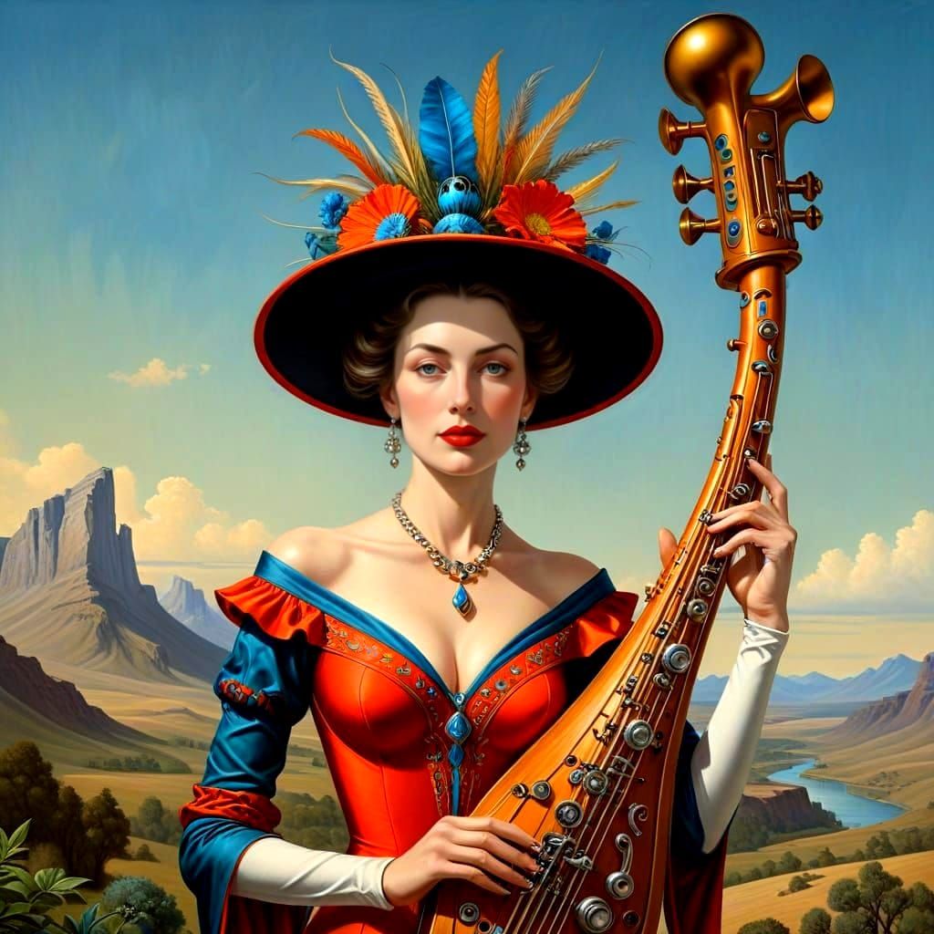 Happy Woman with Musical Instrument in Surreal Landscape