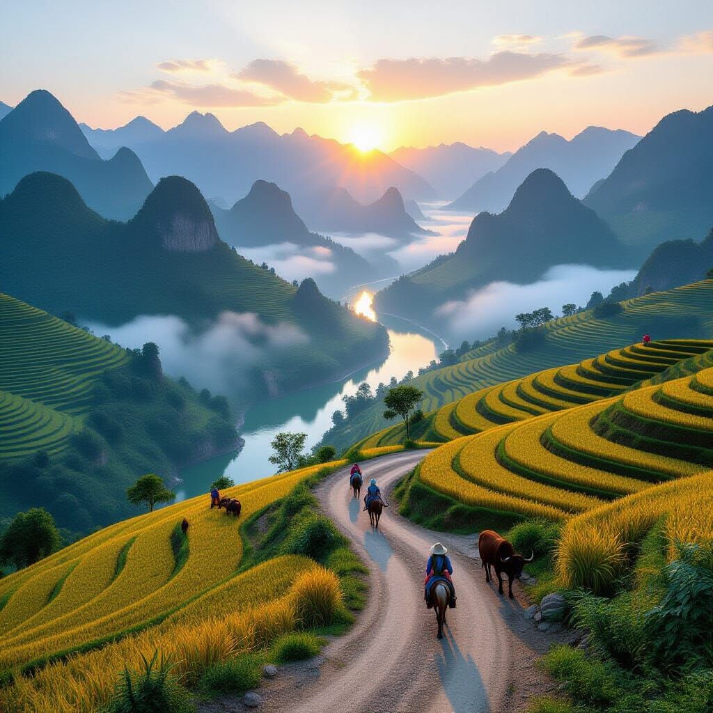 Create a hyper-realistic panoramic vista of the Ha Giang Loop in northern Vietnam at dawn during the misty autumn harvest, showcasing its ra...