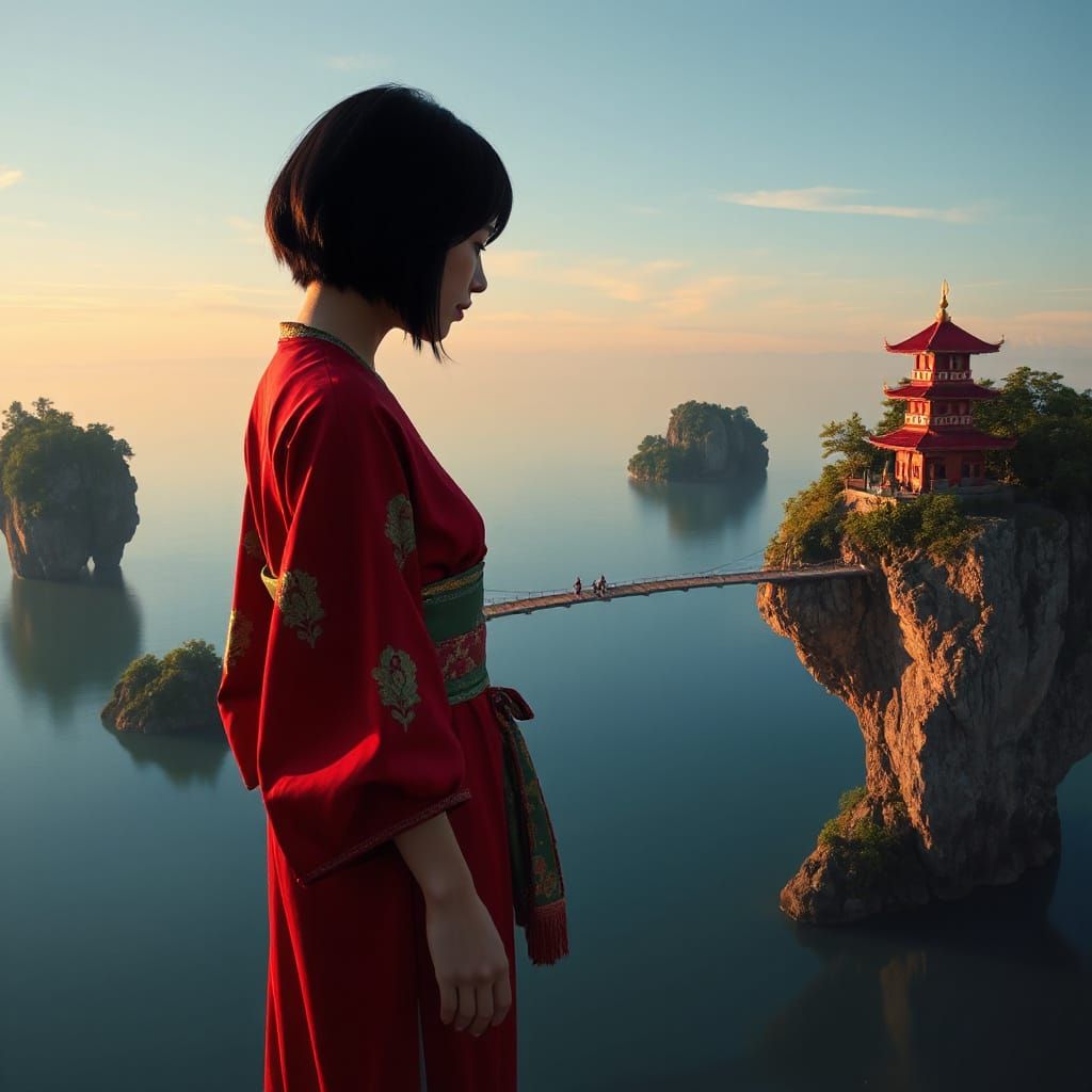 Thai Kunoichi on Bridge Between Floating Islands