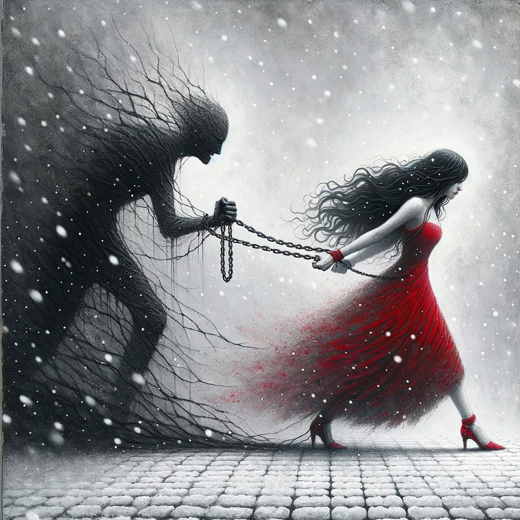 Woman in Red Dress Blends into Mysterious Background