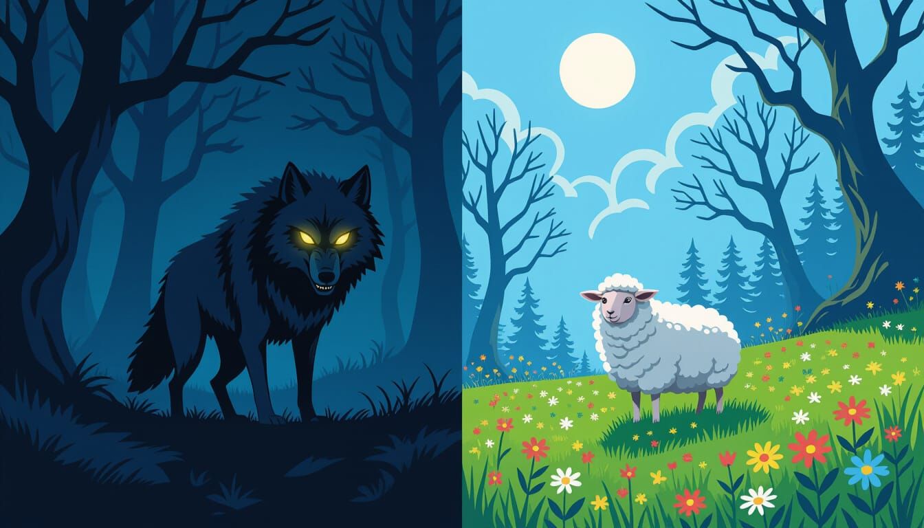 Create a highly detailed, split-screen digital illustration. On the left side, depict a menacing, shadowy ...  by @AIDreamer