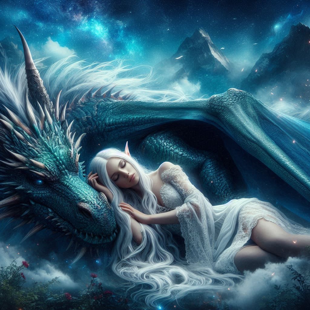 Elf peacefully sleeping with her dragon