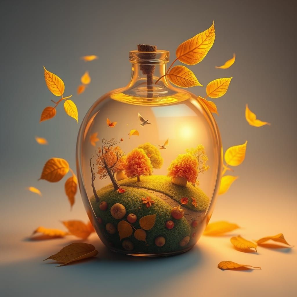Autumn Landscape in a Bottle: Whimsical Fantasy Scene
