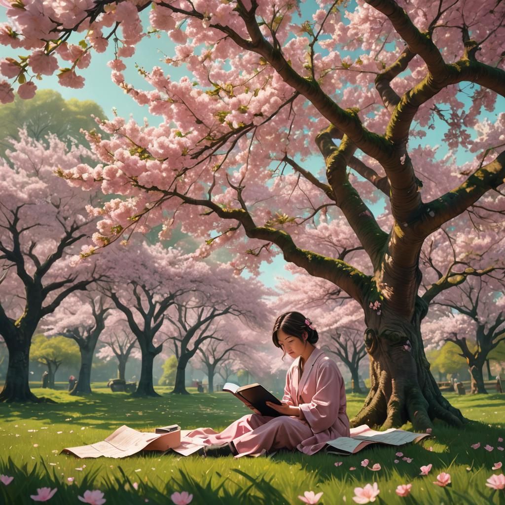 A beautiful cherry blossom tree in the middle of the day o a lush green field and underneath the cherry ...  by @Bestiepop