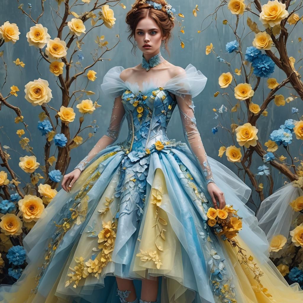 Tulle in fashion, the first wedding dress with a pale blue tulle. Eldritch yellow and blue post-impressionism ...  by @pat lewis