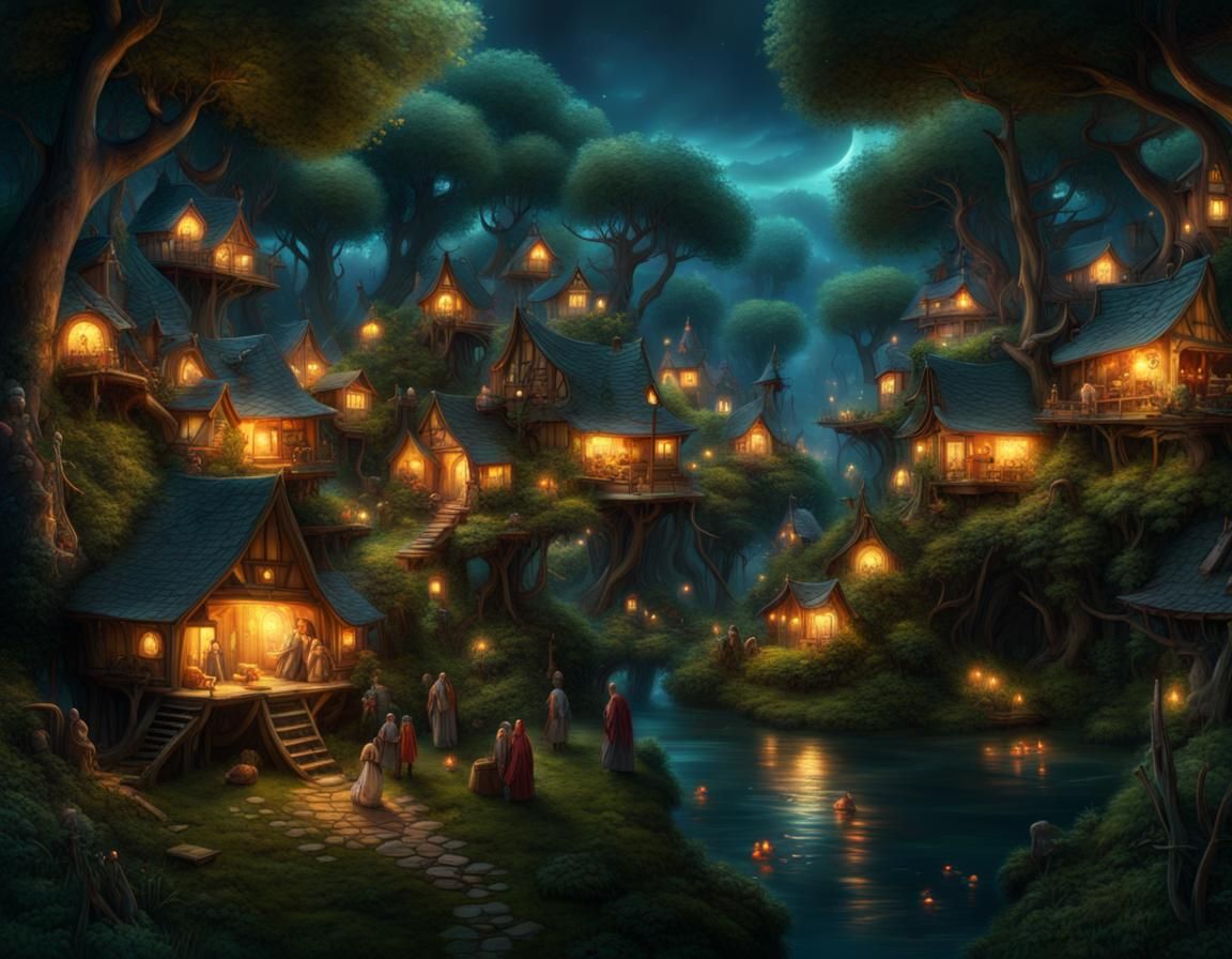 Ethereal Village Under Starry Night Sky in Pieter Bruegel St...