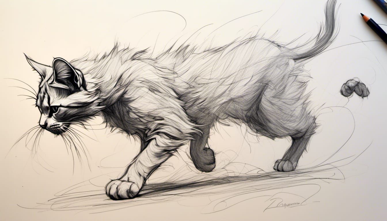 Expressive Cat in Whimsical Pencil Drawing Style