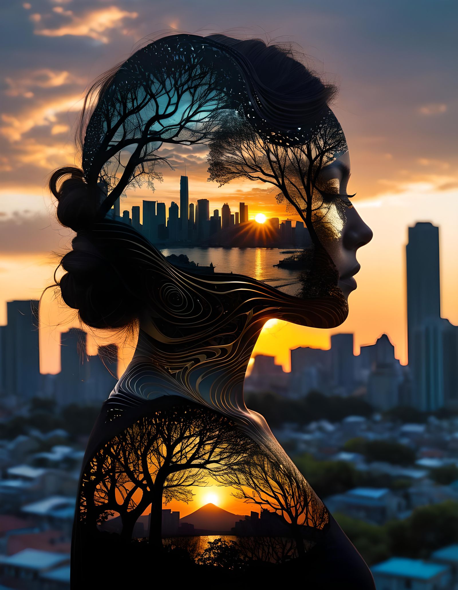Double Exposure: City Sunset in Woman's Silhouette