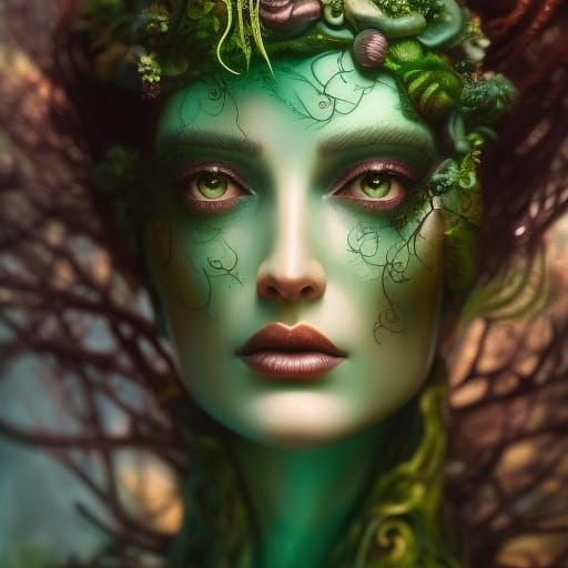 Beautiful Celtic priestess dressed in green velvet dress, in a mystical ...