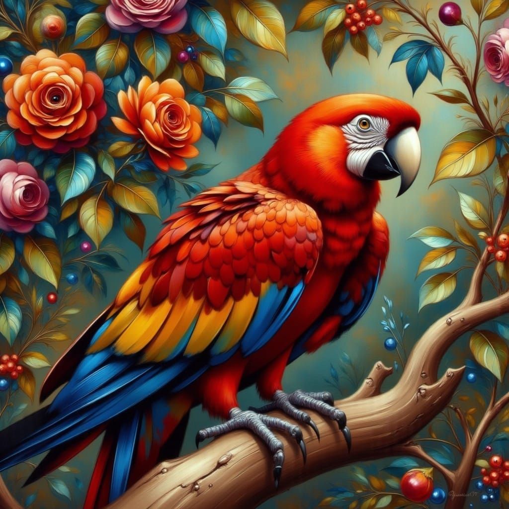 Oil painting, red parrot on a perch, dramatic lighting, chiaroscuro, bright, beautiful, detailed, encaustic, by James Gurney, Pino Daeni <lo...