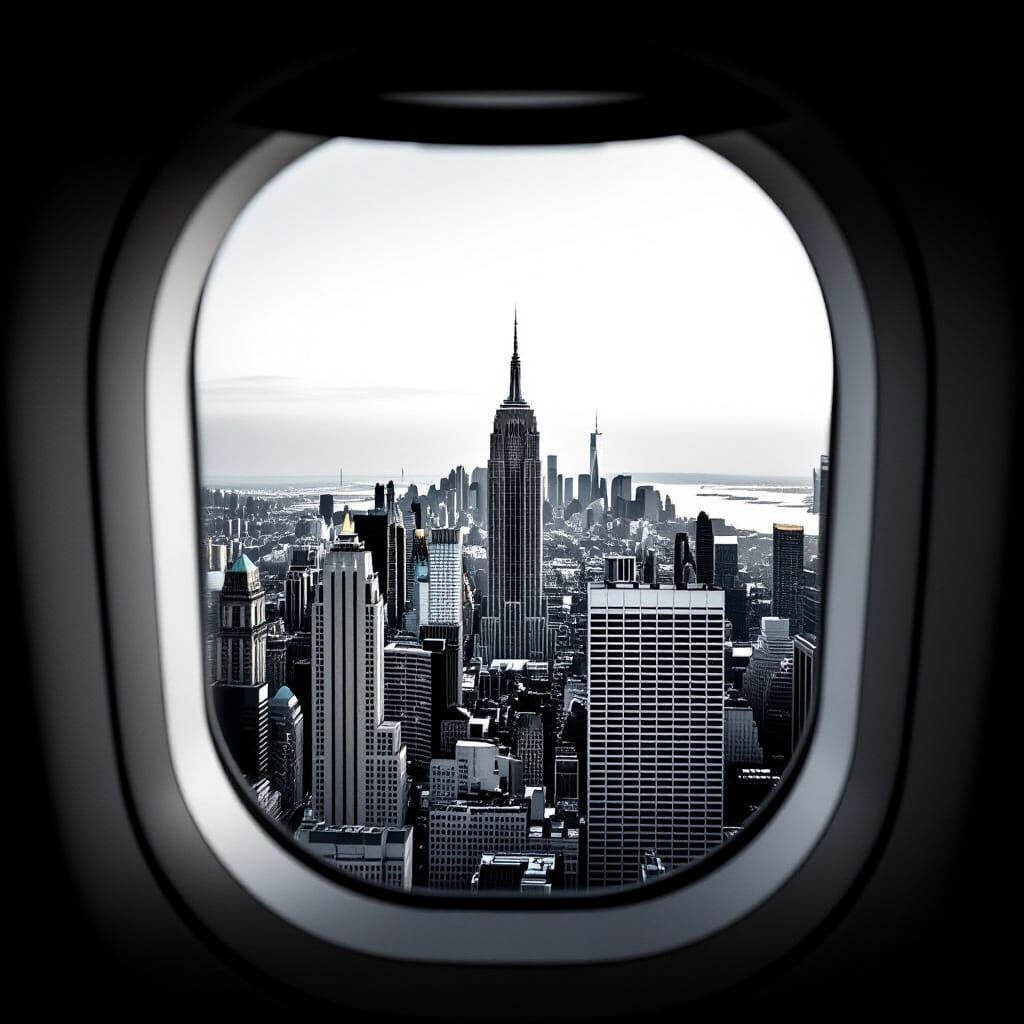 NYC Skyline Through Airplane Window in Gritty Black and Whit...
