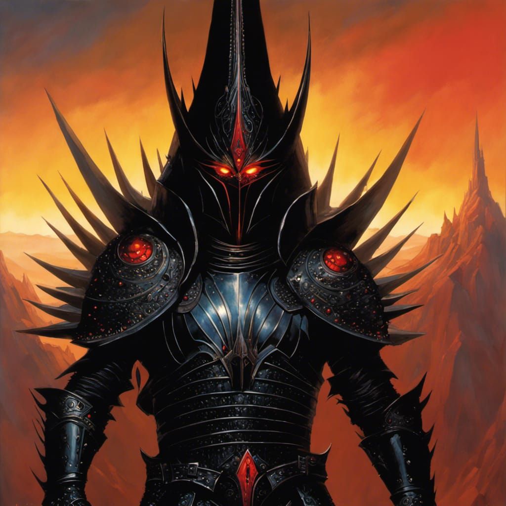 Sauron in black spiked armour, red glowing eyes, , by Richard Michael ...