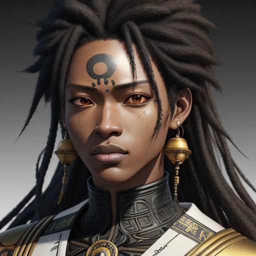 Braided afro with bells at the tip of the braids. Tribal tattoos on face. Small goatee and mustache. 
