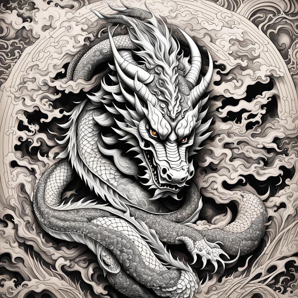 Cyberpunk Tattooed Goddess with Chinese Dragon Head in Cosmi...