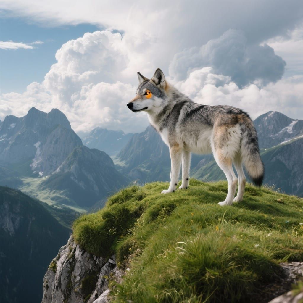 A grey and white wolf with orange-ish yellow and black eyes standing at the highest peak of Leitchienstein mountain where there is lots of l...