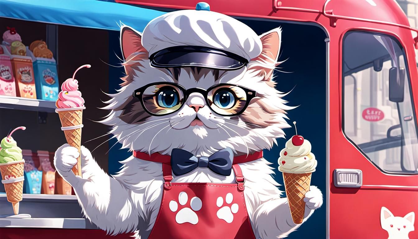 Ice cream vendor fluffy cat at an ice cream truck 1