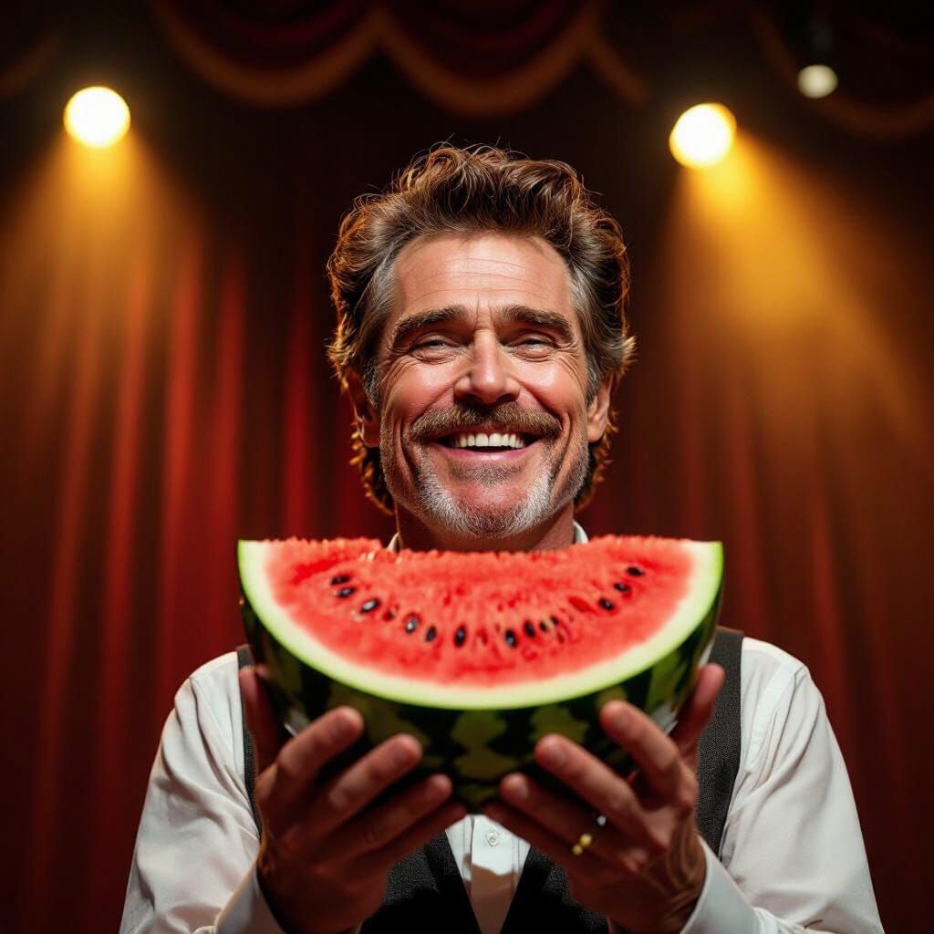 Willem Dafoe smiling while holding a water melon in a concert hall.